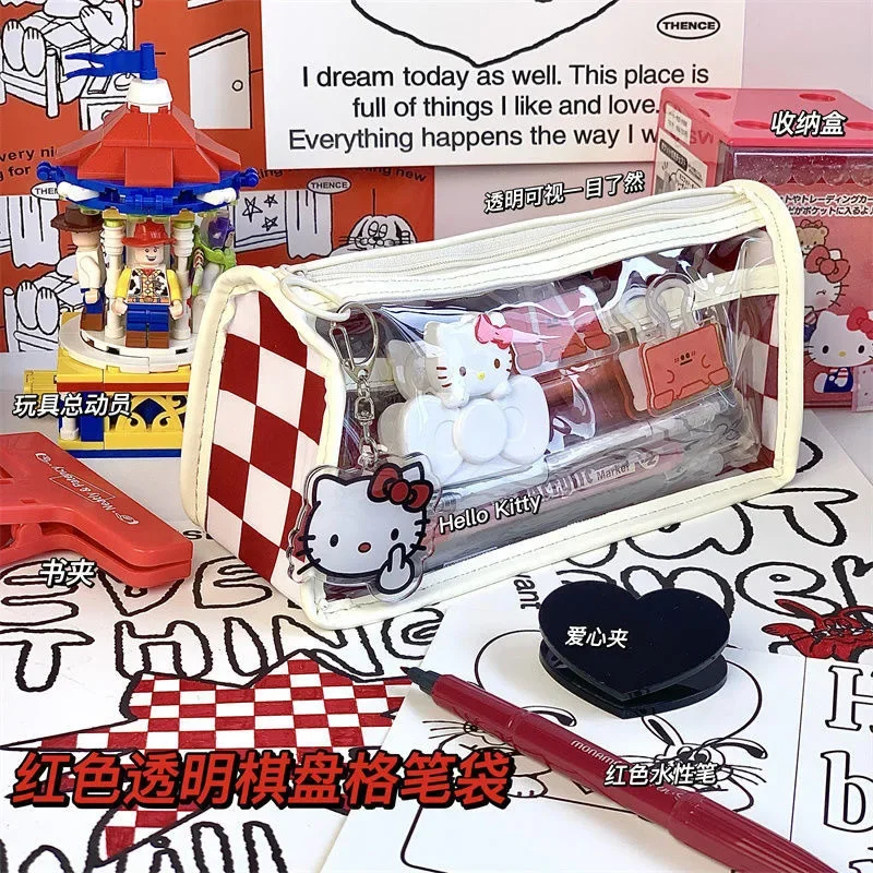 

Hello Kitty Red Pencil Case Transparent Anime Cartoon Cat Large Capacity Simple Stationery Storage Bag Kawaii Pouch Organizer