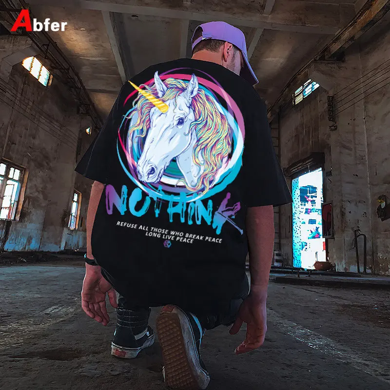 

Abfer Hip Hop Men Vintage T Shirt Unicorn Graphic T Shirts 7.7oz Cotton Oversized T Shirt Harajuku Streetwear Top Anime Tshirt