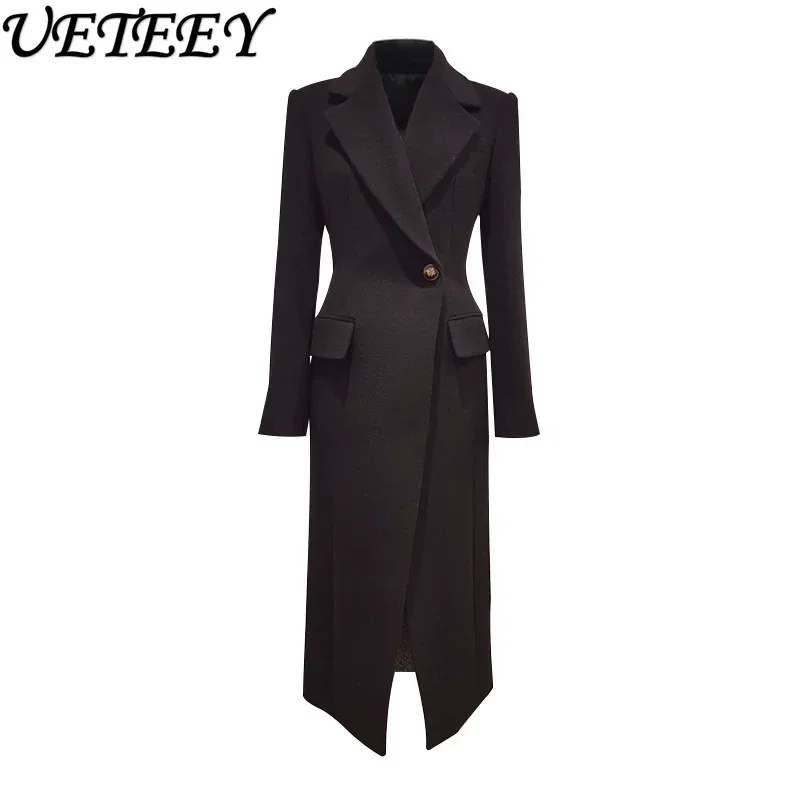 New Temperament Commute Suit Long Wool Coat One Button Slim-Fit Mid-Length Over-the-Knee Woolen Coat Women's Winter Overcoat