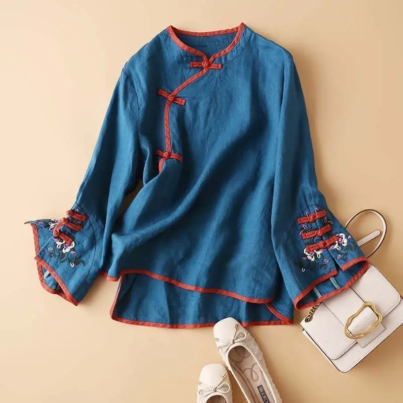 Spring Autumn Long Sleeve New Chinese Style Classic Embroidery Skew Collar Cardigan Casual Solid Color Elegant Temperament Tops