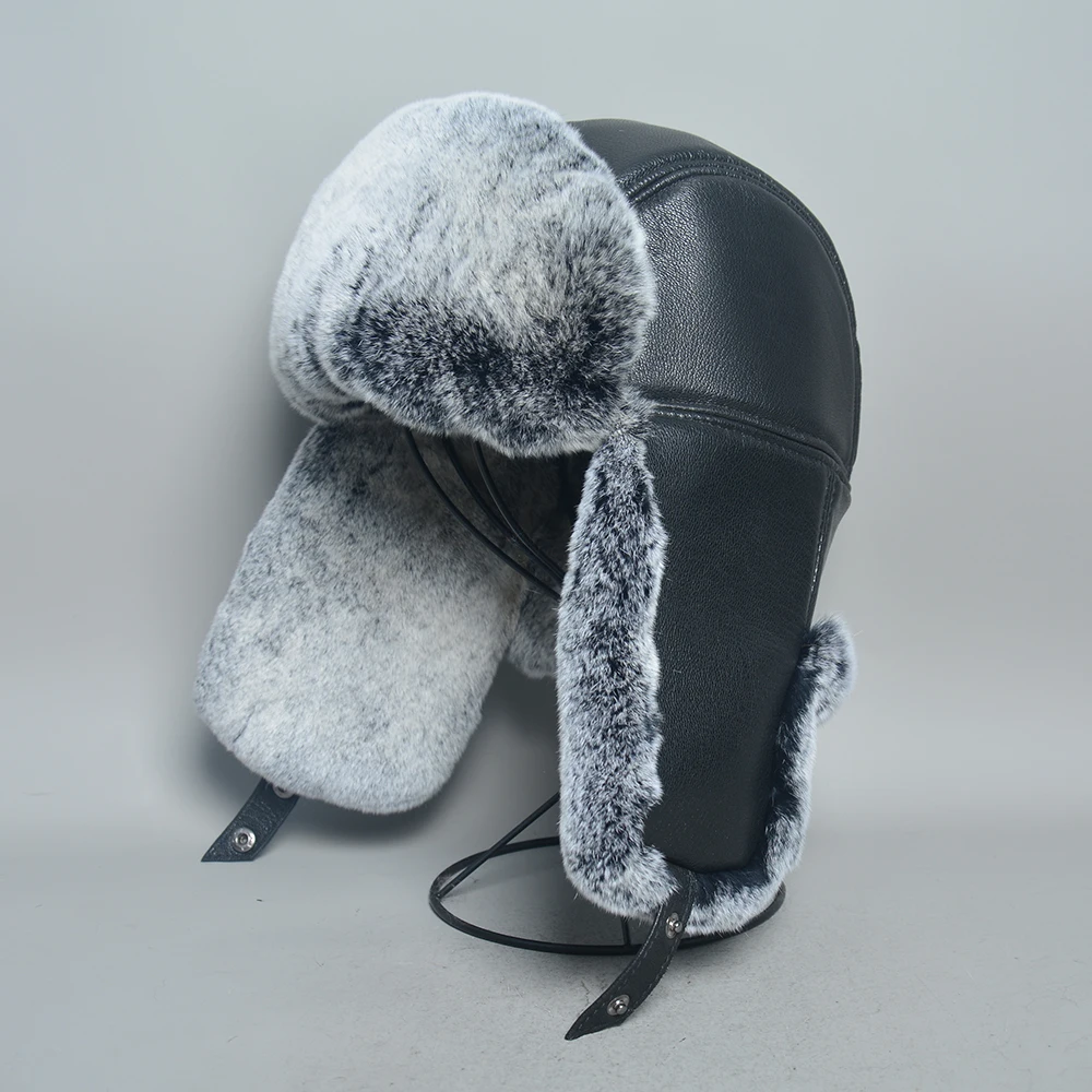 New Unisex Real Rex Rabbit Fur Bomber Hat Ushanka Cap Trapper Russian Men Women Ski Hats Caps Real Sheepskin Leather Winter Warm 4