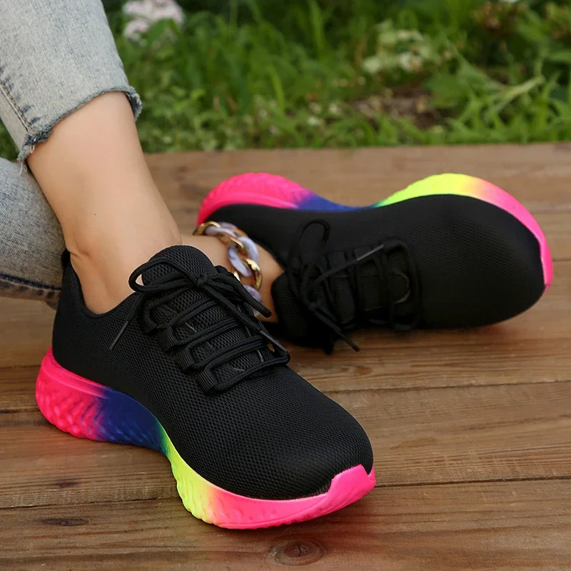 Rainbow Bottom Sneaker Shoes Women Lace-Up Breathable Mesh Casual Shoes Woman Outdoor Non-Slip Flats Chaussure Femme Zapatillas