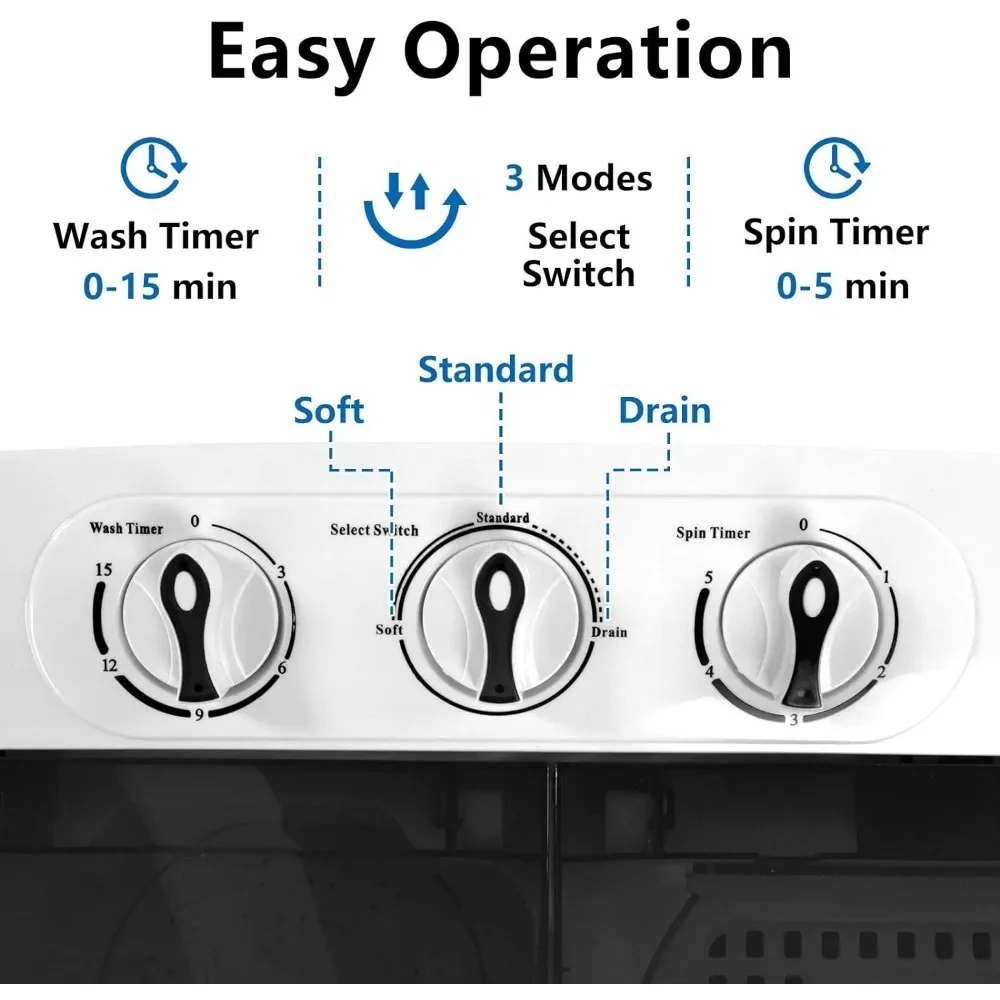 15LBS Portable Washing Machine, Electric Twin Tub Washer with Washer(9lbs) & Spiner(6lbs) & Pump Draining, for Home Camping Dorm 4
