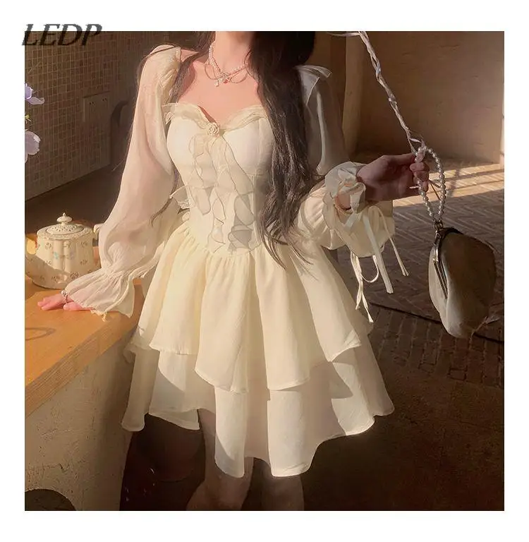 

2023 Spring Lolita Sweet Y2k Mini Dress Woman Pink Kawaii Long Sleeve Dress Party Elegant One Piece Dress Korean Fashion Chic