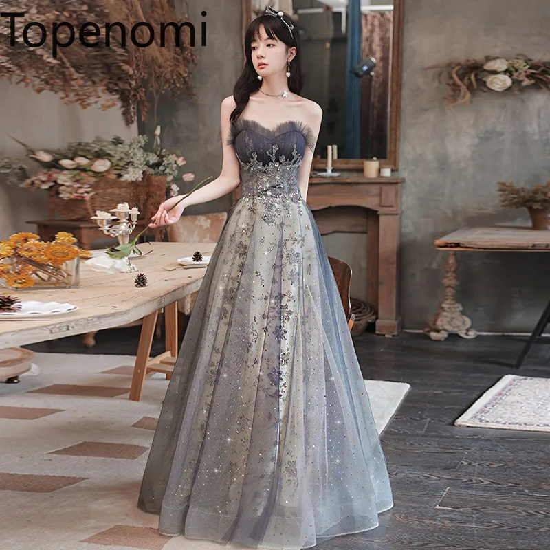 

Topenomi Beading Tulle Strapless Evening Party Dress Women 2024 New Temperament High Waist Appliques Prom Dresses Luxury Elegant