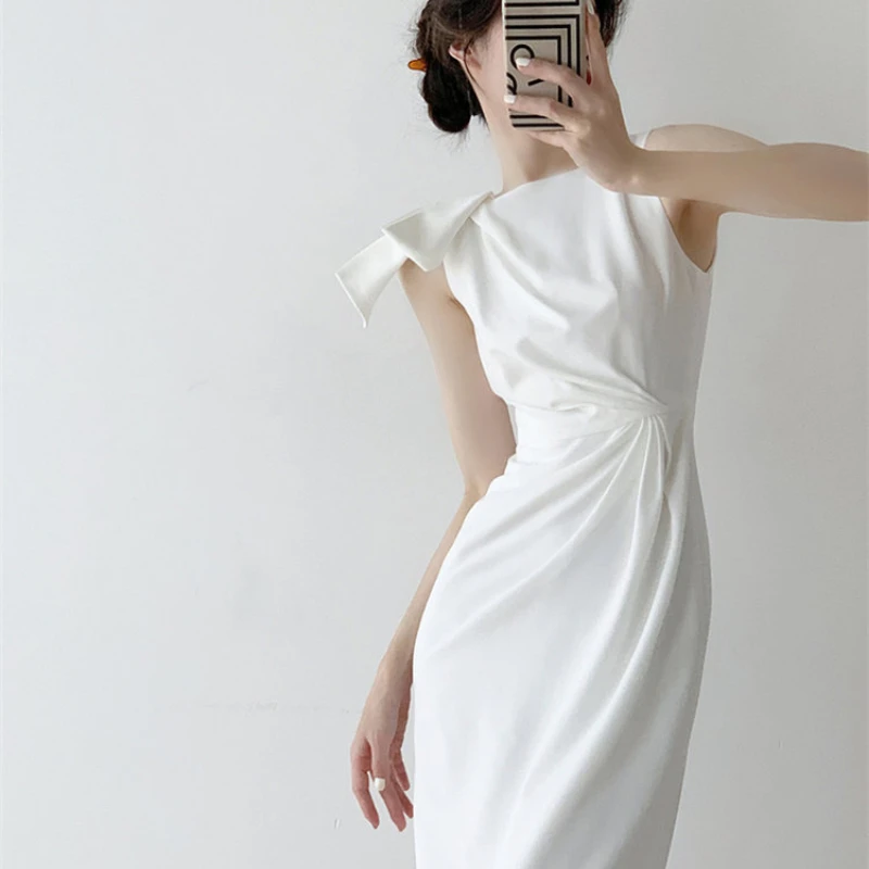 

Yitimuceng Asymmetrical Dress for Women 2023 Fashion Summer Vintage Sleeveless White Dress Chic Casual Folds O Neck Midi Dress