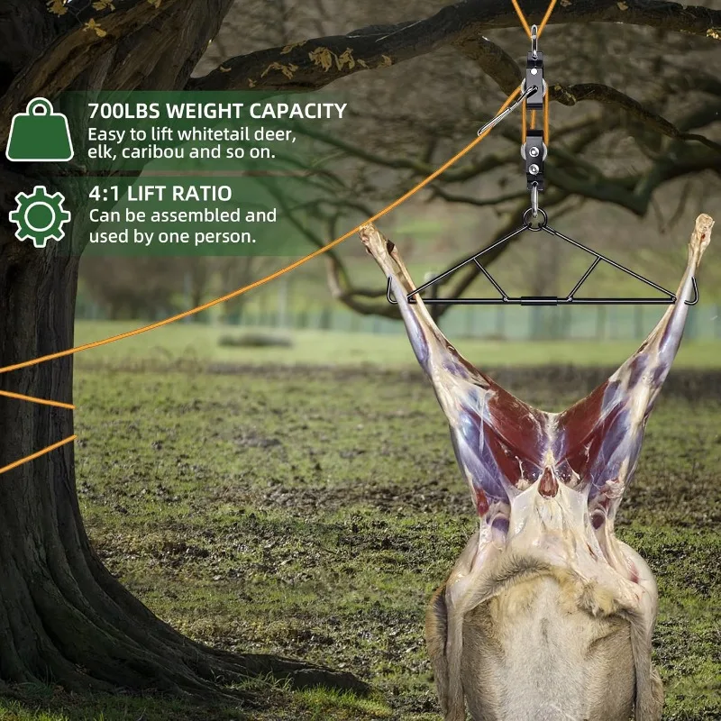 Deer Hanger Pulley Lift System Rated 700 Lbs Gambrel for Skinning with Wear-Resistant Tangle-Free Rope Deer Hunting Accessories