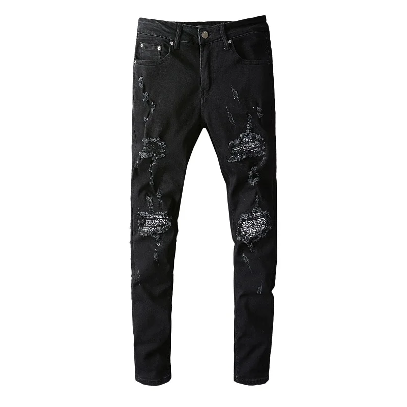 

Black Distressed Holes Paisley Bandanna Patchwork Skinny Stretch Ripped Jeans Men