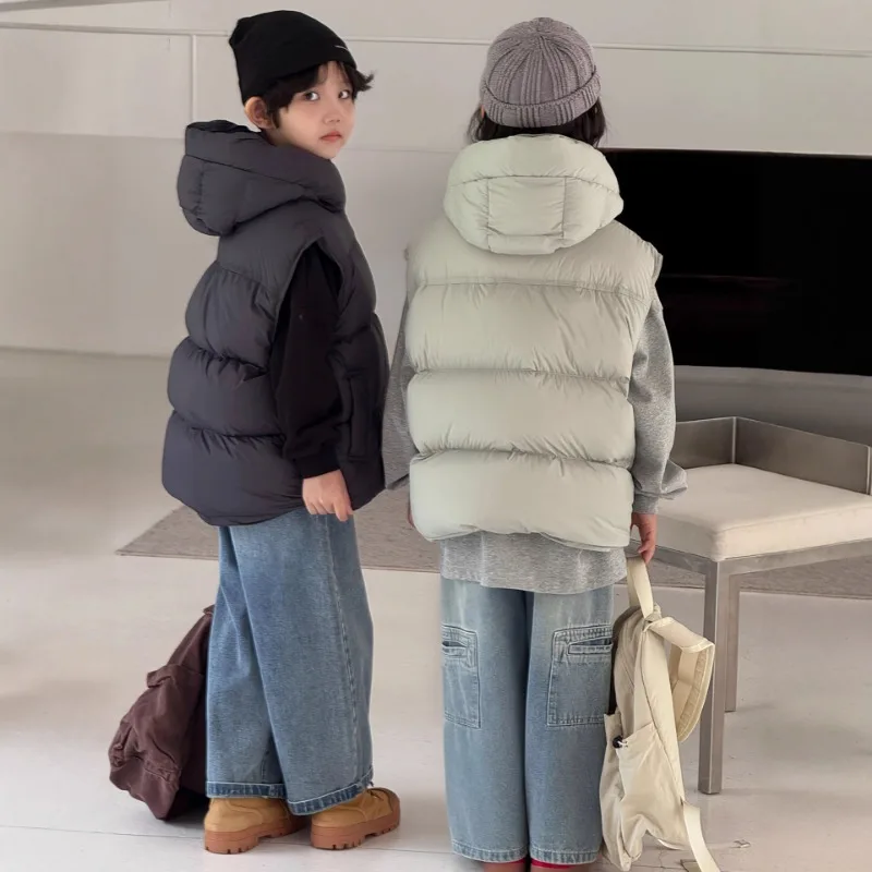 2025 한국 스타일 아동용 푸퍼 조끼 - 후드 달린 겨울 90% 플러프 콘텐츠 다운 조끼, 유니섹스 청소년 남녀 공용 도매 따뜻한 재킷