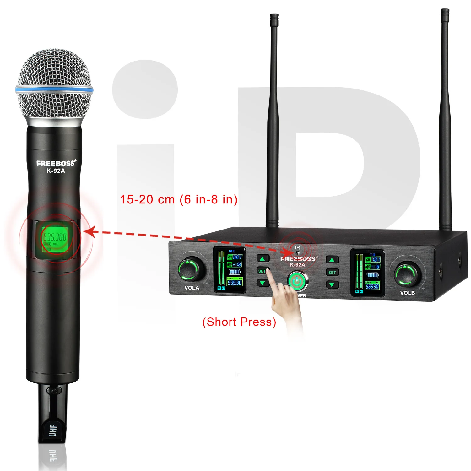 FREEBOSS 듀얼 채널 무선 마이크, UHF 분리형 캡슐 코어 2 핸드헬드 다이나믹 마이크, 금속 라디오 가라오케 시스템 K-92A
