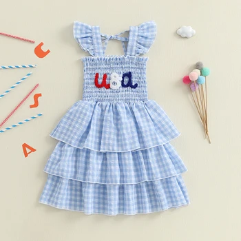 Independence Day Plaid Dress with Embroidered Stars and Stripes Smocked Flying Sleeve Ruffle Dress for Girls Summer Outfit 4