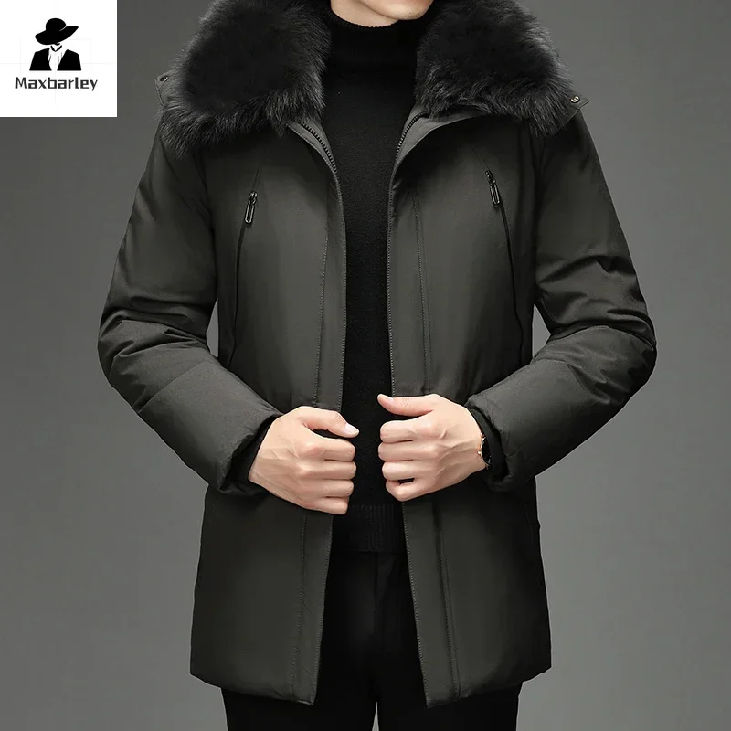 Men Luxury Winter Down Jacket Business Soft Comfortable Big Fur Collar Hooded Feather Duck Puffer Jacket