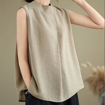 Large Size Texture Half High Neck Sleeveless T-shirt for Women in Women's Summer New Loose and Slim Vest for Women