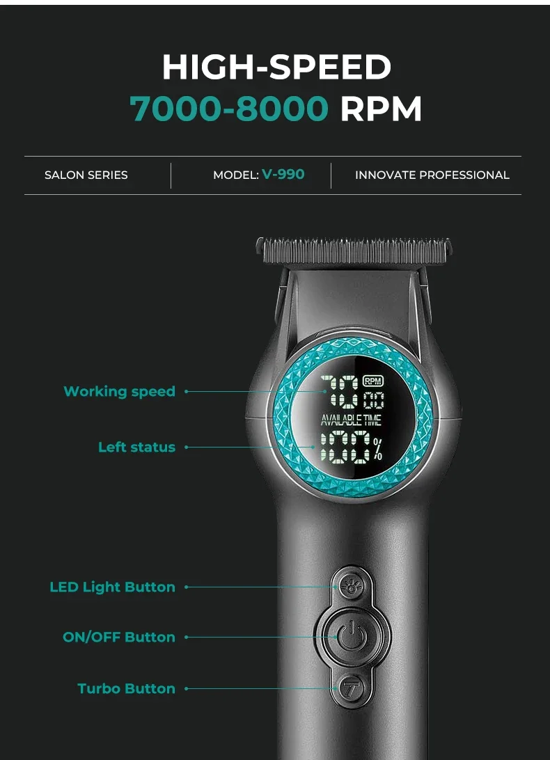 VGR Cordless Cutting hine Barber Electric 8000 RPM Hair Clipper Aparador de cabelo profissional para homens V-990_voghion.com