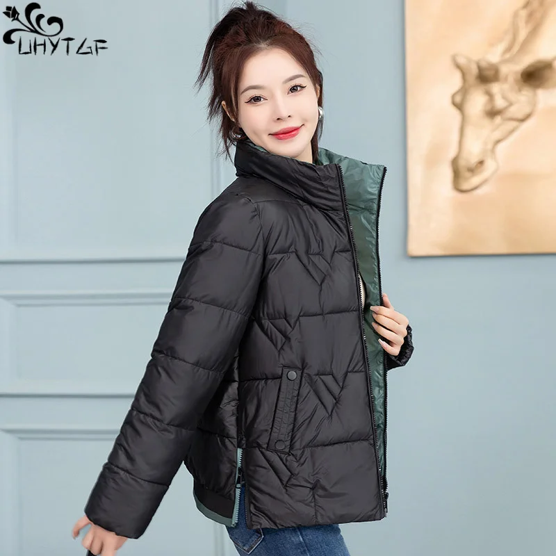 

Женское пальто с хлопковой подкладкой UHYTGF, зимняя новая Корейская утепленная короткая пуховая куртка с воротником-стойкой и карманами на молнии, женская верхняя одежда