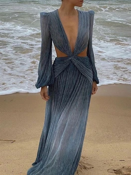 Sexy v-neck backless hollow out dress 2022 summer women lantern sleeve club party long maxi dresses tunic beach cover up a916