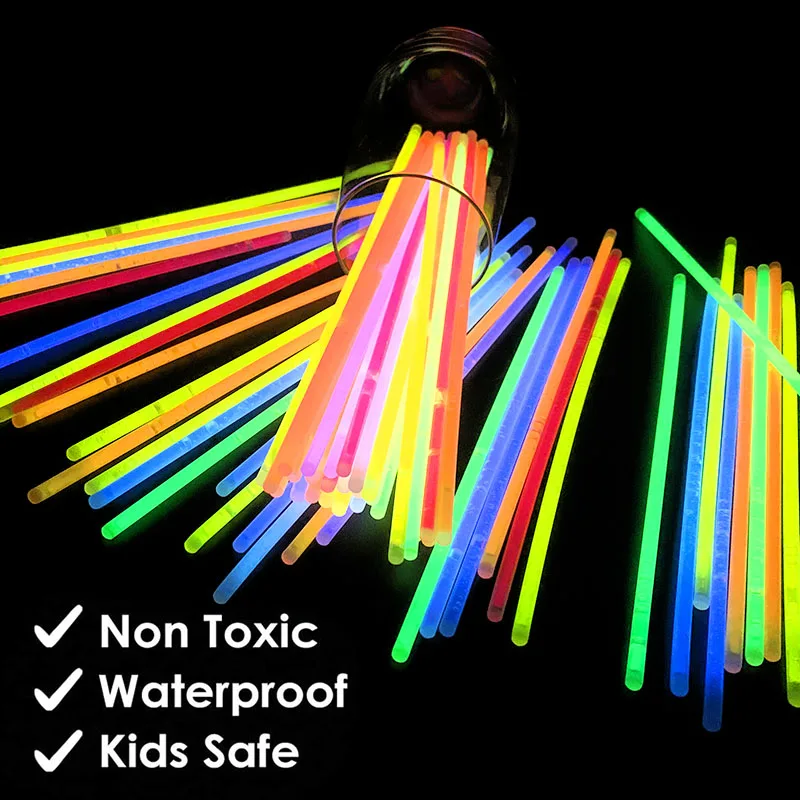 100Pcs/box Fluorescent Glow Stick Kids Glow in The Dark Birthday Party Supplies Halloween Christmas DIY Bracelet Decoration Gift
