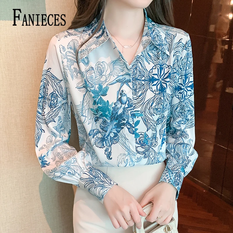 

FANIECES 셔женская летняя рубашка, модная блузка, винтажные голубые рубашки с принтом, повседневные свободные топы с отворотом и длинным рукавом, женские блузы