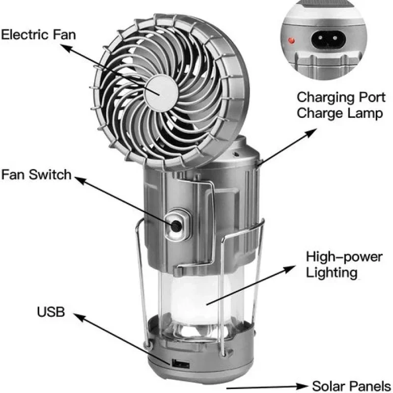 Multifunctional Led Camping Light Rechargeable Camping Lamp Solar Power Charging Portable Fan Lantern Emergency Outdoor Lighting
