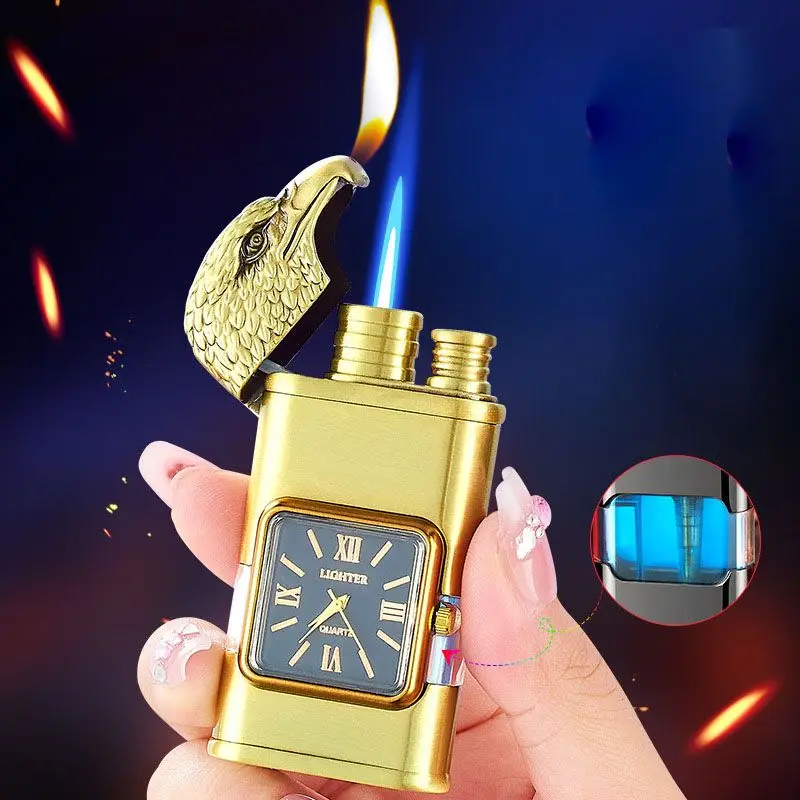 Windproof Lighter Vintage Watch Bezel Jet Dual Flame Torch Inflatable Gas Lighter Metal Quartz Dial Watch NO Gas