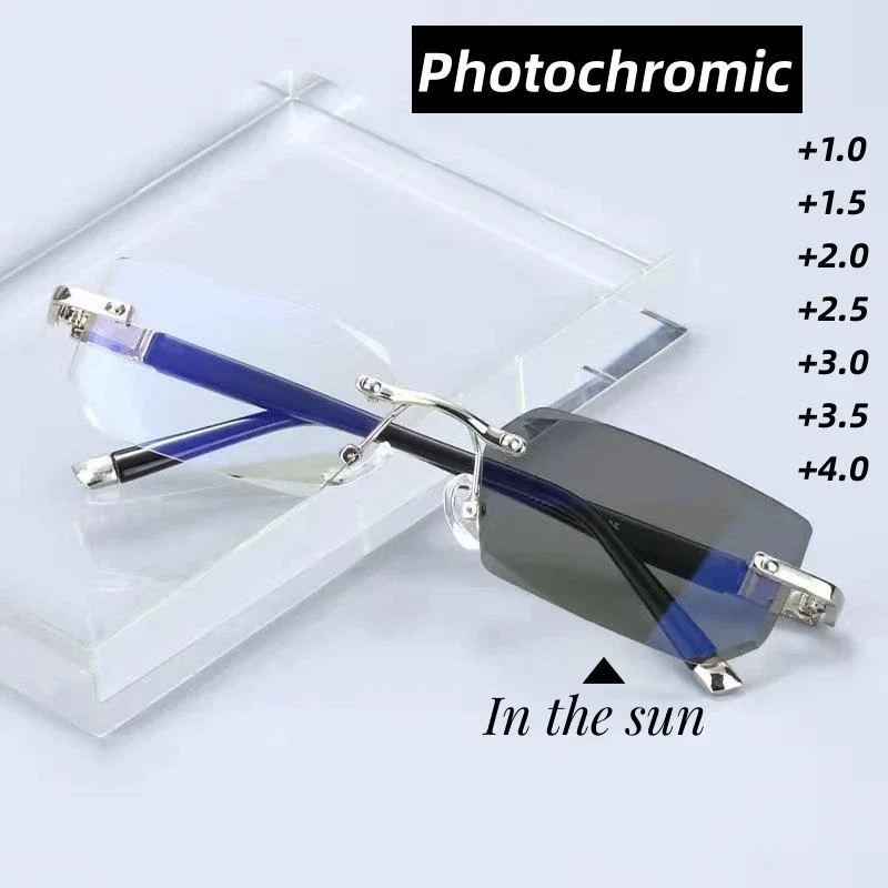 Rimless Cutting Edge Multifocal Photochromic Reading Glasses Color-changing Presbyopia Glasses Blocking Eye Protection Eyewear 2