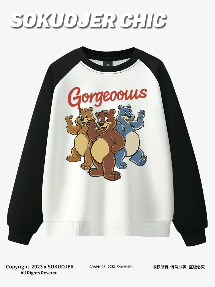 CGC Korean Fashion Cartoon Bear Print Women Sweatshirts High Quality Pure Cotton Hoodies Casual Loose Pullovers y2k Style Tops