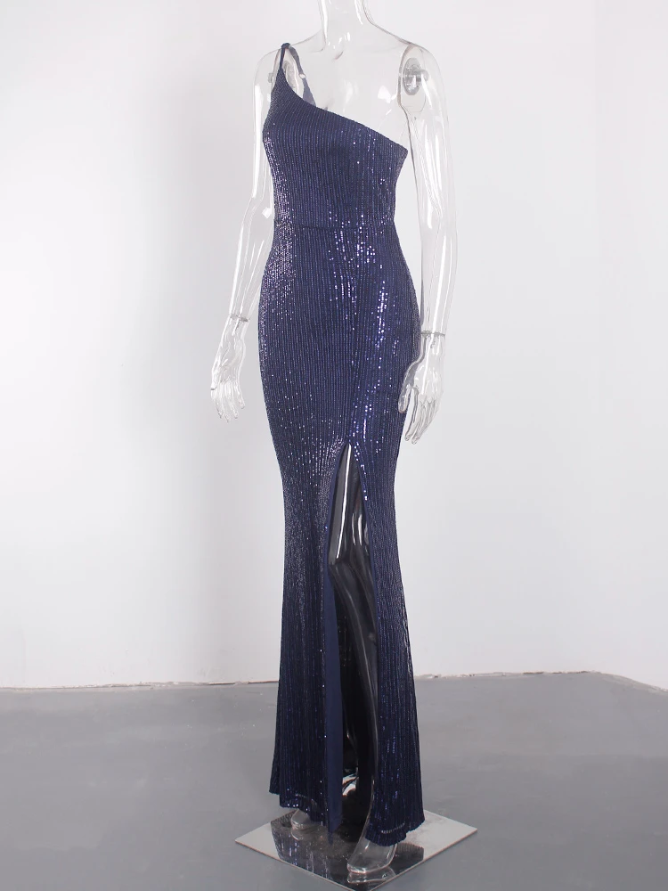 One Shoulder Abend party Maxi kleid Split rücken frei ärmellose Marine Silber Pailletten Nacht Ballkleid – Detail 7