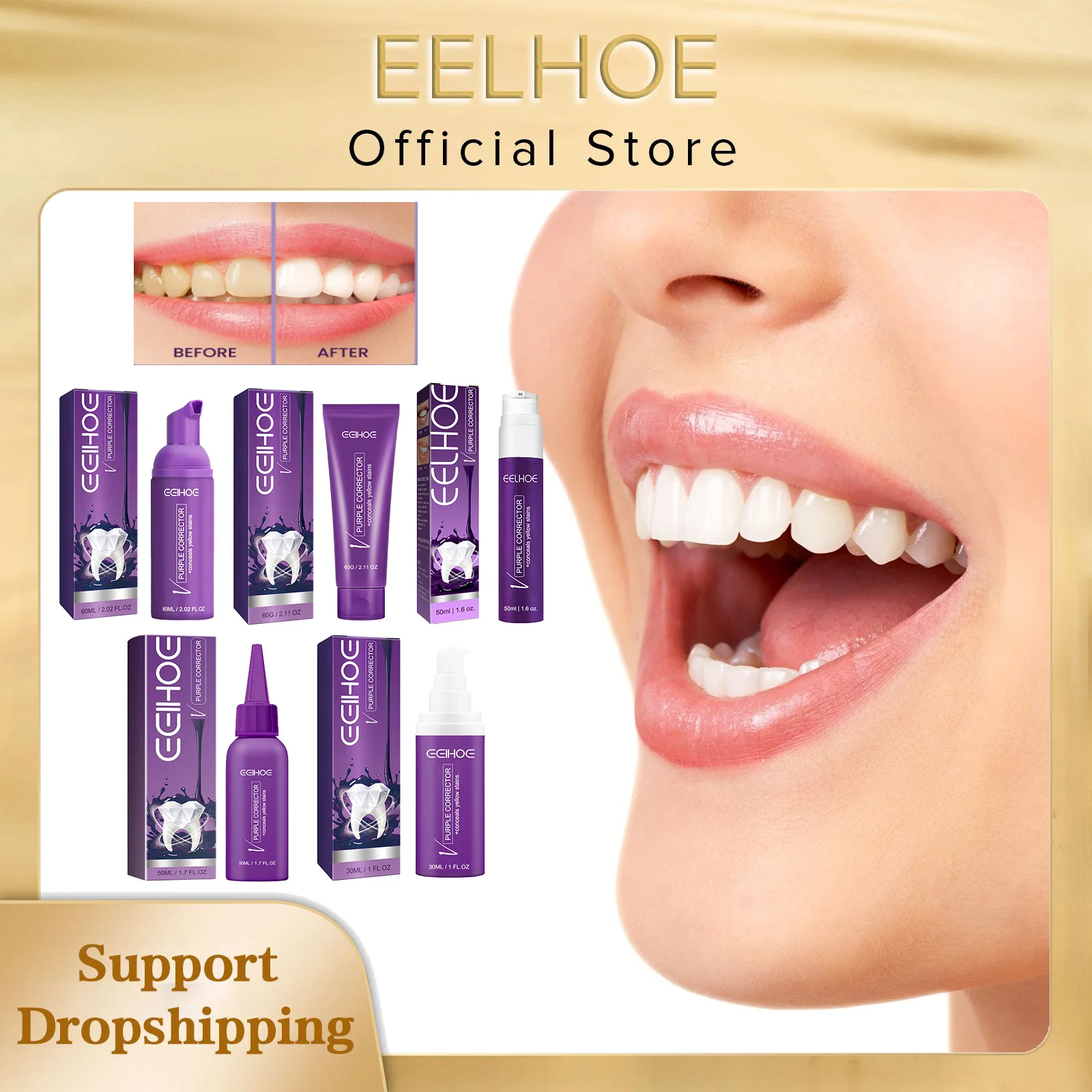 EELHOE V34 Colour Corrector Teeth Whitening Toothpaste Repair Bleaching Dental Care Purple Toothpaste Mousse Oral Cleaning Teeth