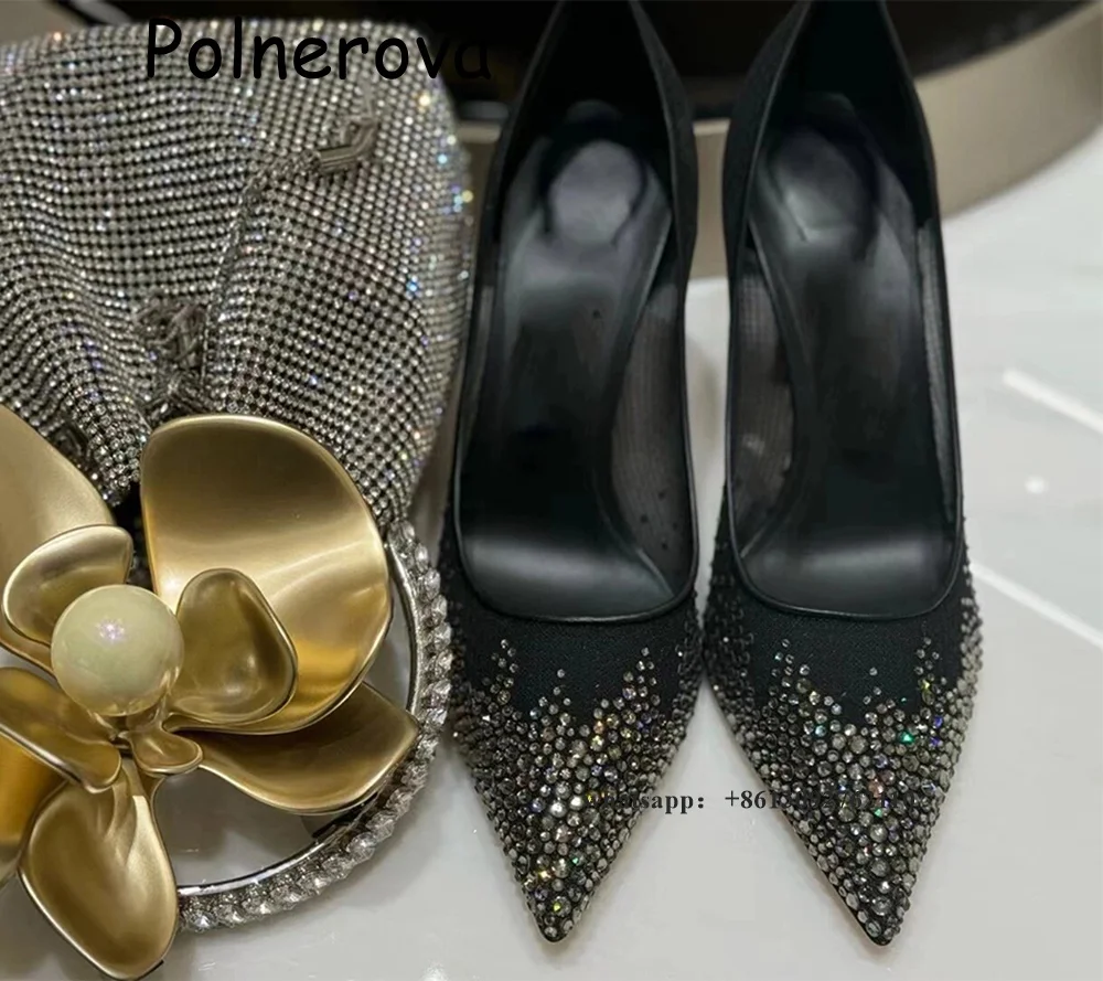 Rhinestone Pointed Toe Pumps Thin Heels Women's Shoes Mesh Solid Shallow Summer Party Casual Sexy Slip On Runway Show Shoes