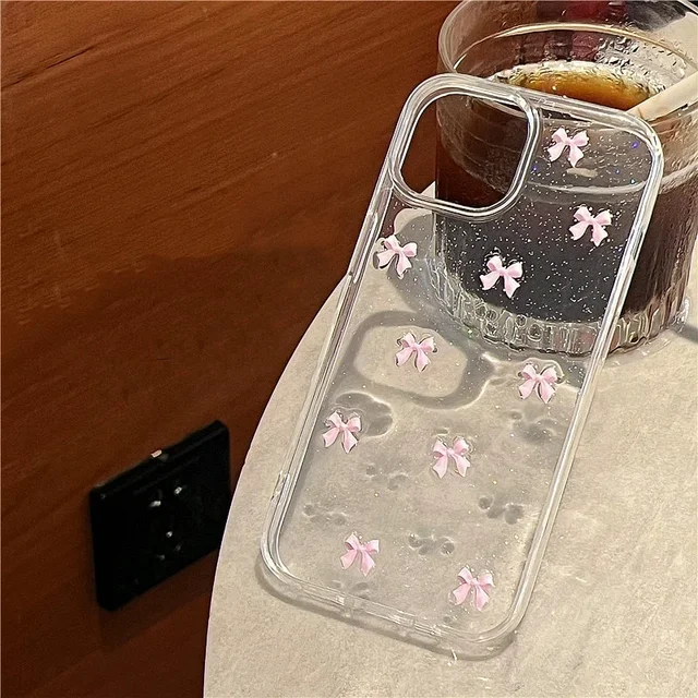 Cute Korea Girl Pink Bowknot Phone Case For iPhone 16 15 14 13 12 11 Pro Max X XS XR 7 8 Plus 16E Clear Soft Shockproof Cover - Image 4