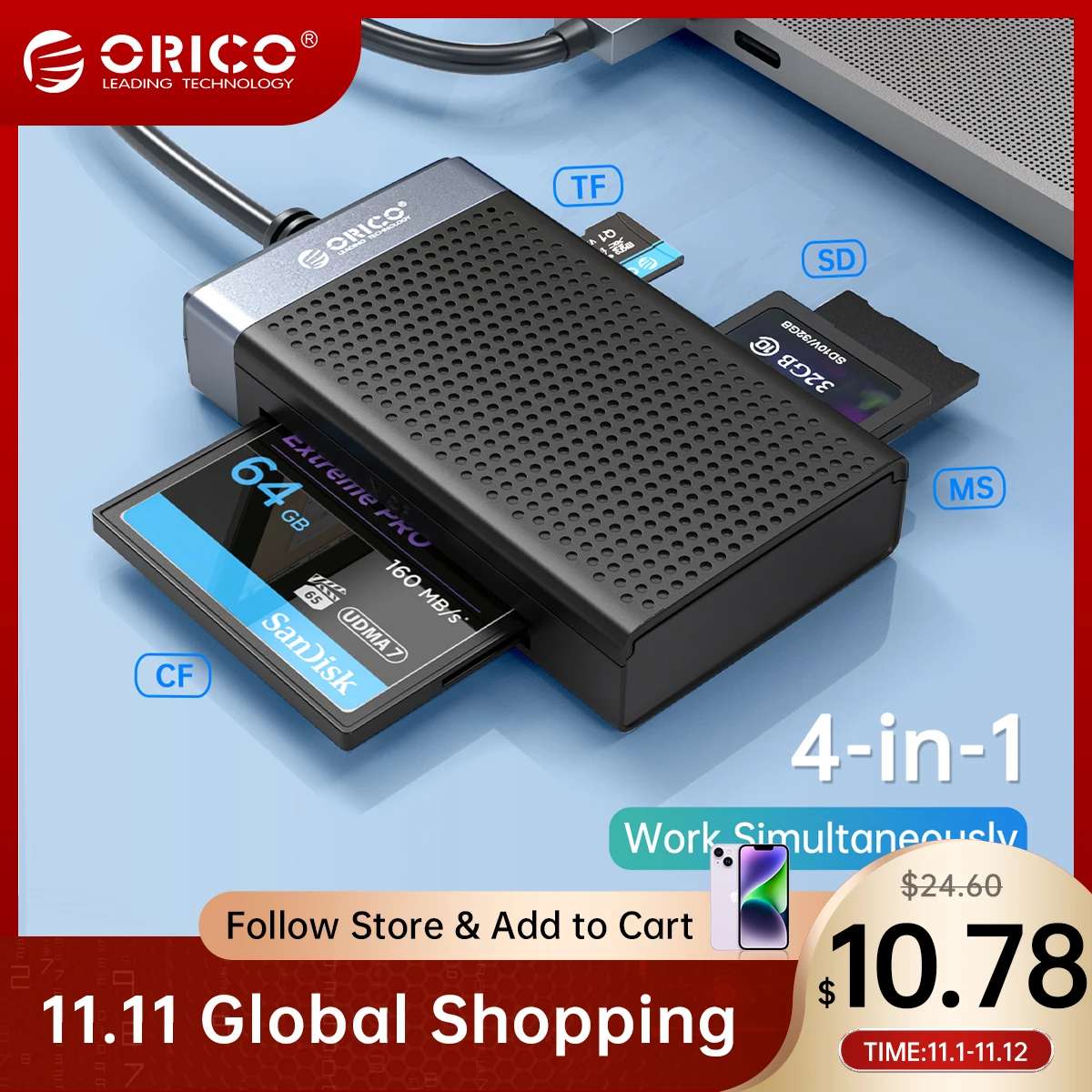 Orico Usb 3.0 Usb C Card Reader 4 In 1 Memory Smart Card Reader Sd Tf ...