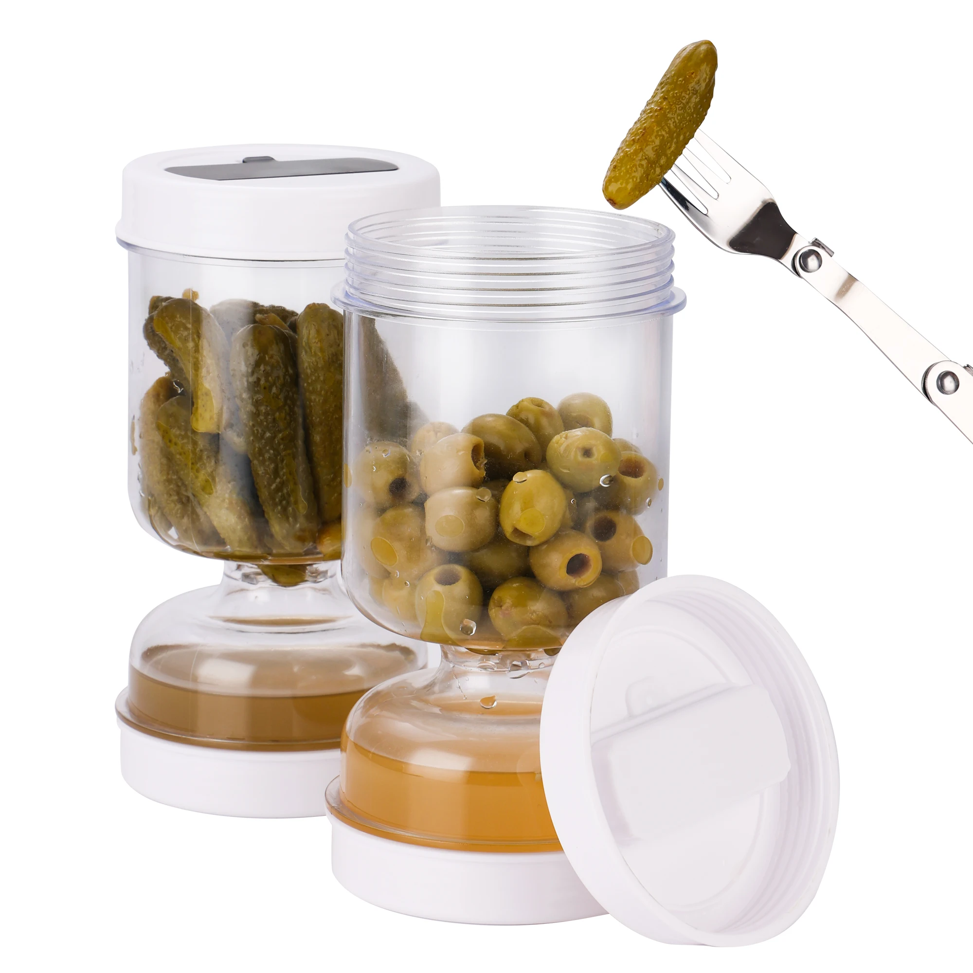 Olive and Pickle Strainer Jar, New Olive Container Hourglass Jar with Strainer Flip Pickle Container for Airtight Food Storage 1