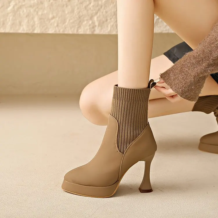 Elegante Damen Stiefeletten Mit Absatz Und Elastischer Schuhspitze_voghion.com