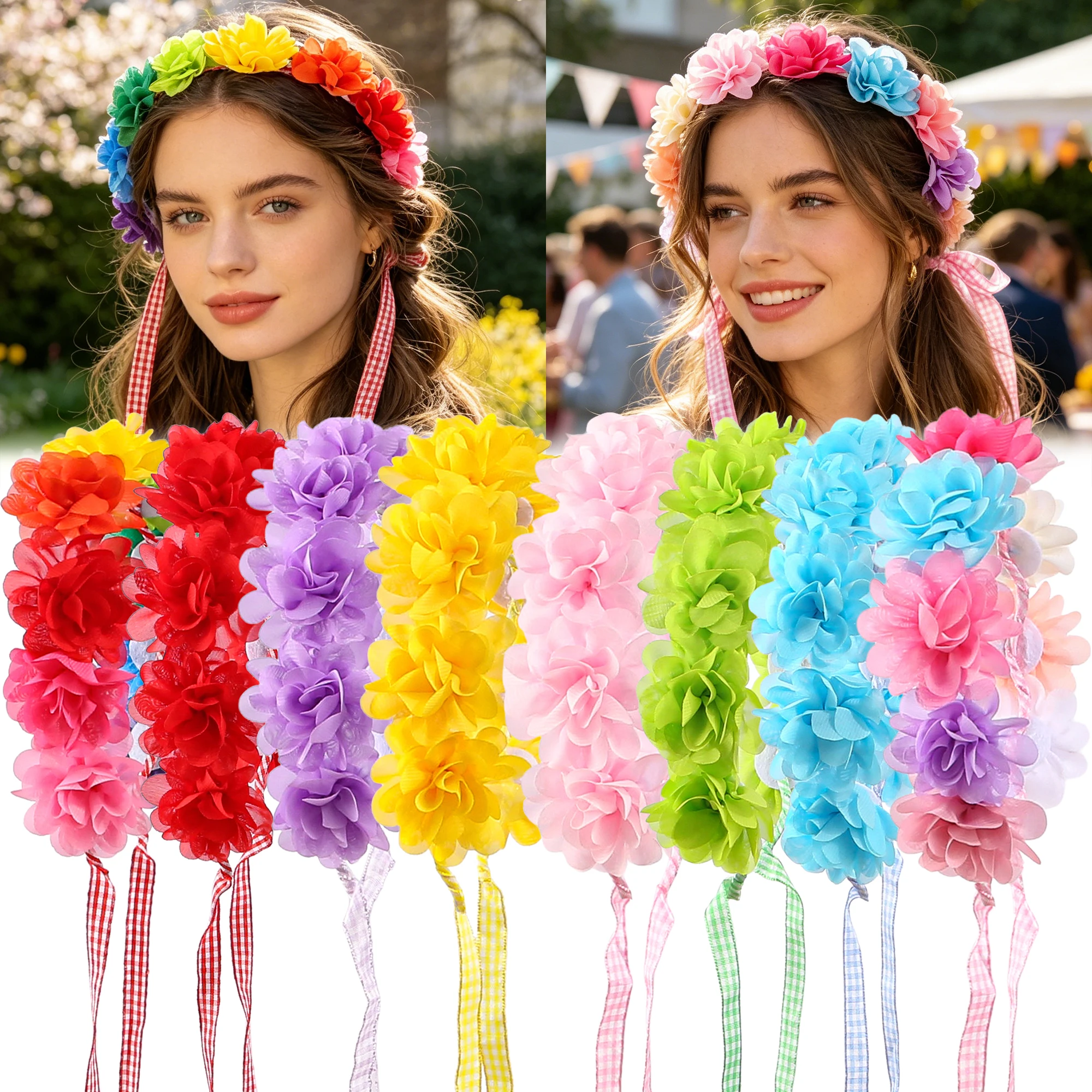 1pc Women Flower Tassel Headbands Bride's Floral Crown Hairbands Chiffon Floral Headband Girls Hair Accessories