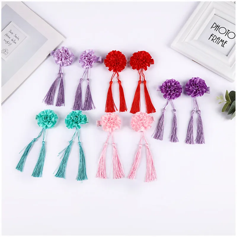 

2PCS New Chinese Flower Tassel Hairpins Children Cute Sweet Headwear Girls Clips Barrettes Hairgrips Hair Accessories