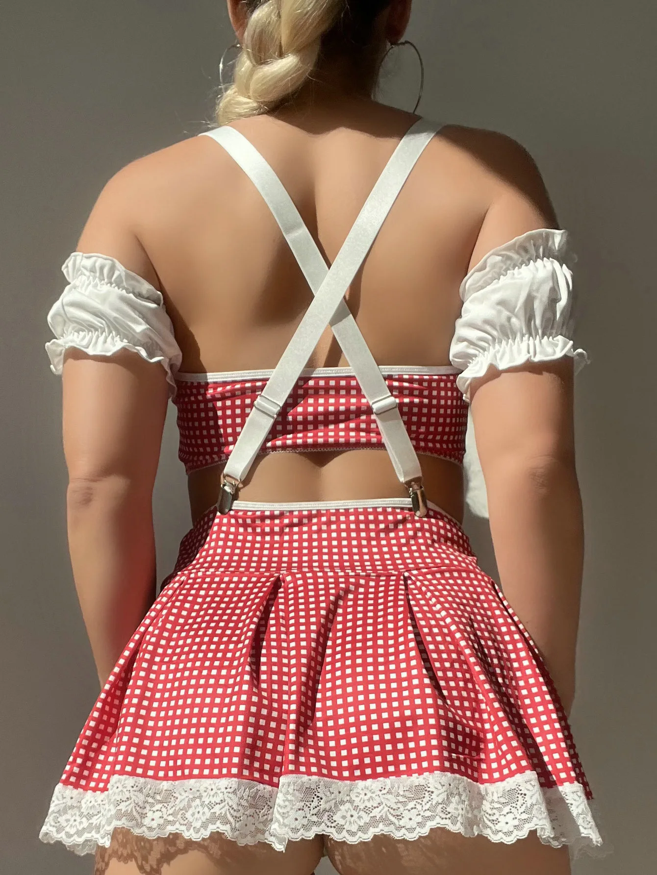 Lace uniform set with pleated skirt, contrast top, and delicate lace edge
