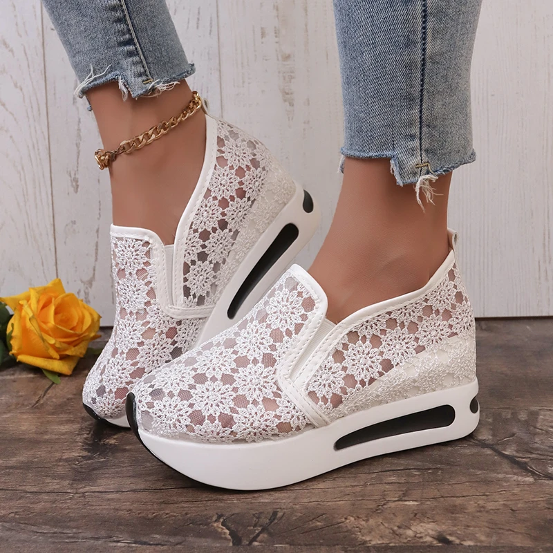 

Casual Female Sneakers Fashion Breathable Lace Mesh Embroider Women's Vulcanized Shoes Platform Wedge Heels Heightening Shoes 42