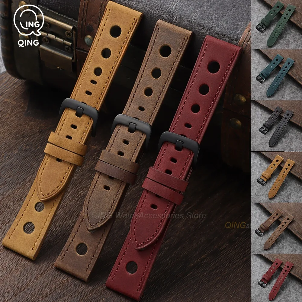 Vintage Matte Leather Watchband with Black Needle Buckle