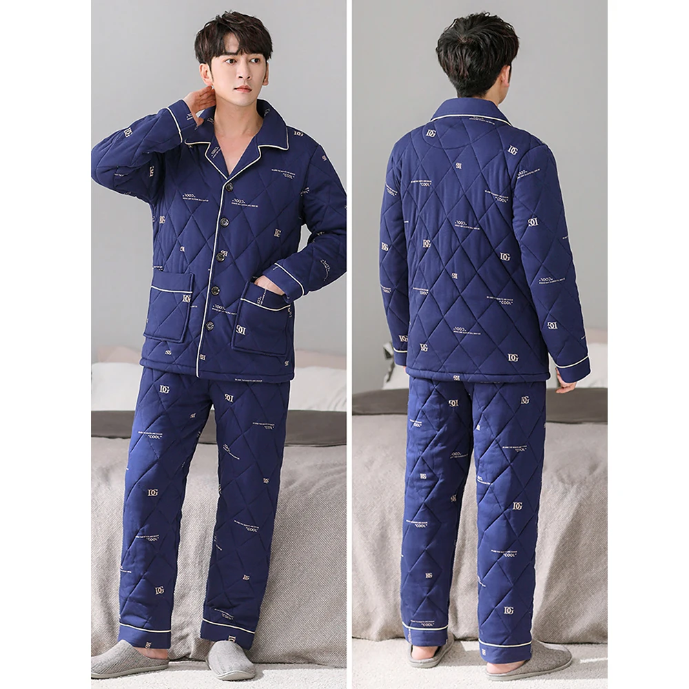 3-layer Thicken Men's Winter Pajamas 100% Cotton Sleepwear for Sleeping Warm Flannel Pajama Sets Luxury Plaid pijama hombre 3XL