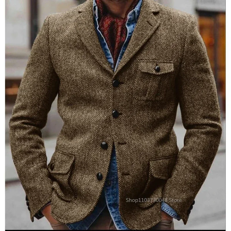 Herringbone Men's Jacket Single Breasted Elegant Casual Slim Stage Suit Jackets Suite for Man New in Suits and Blazers Male Coat 4