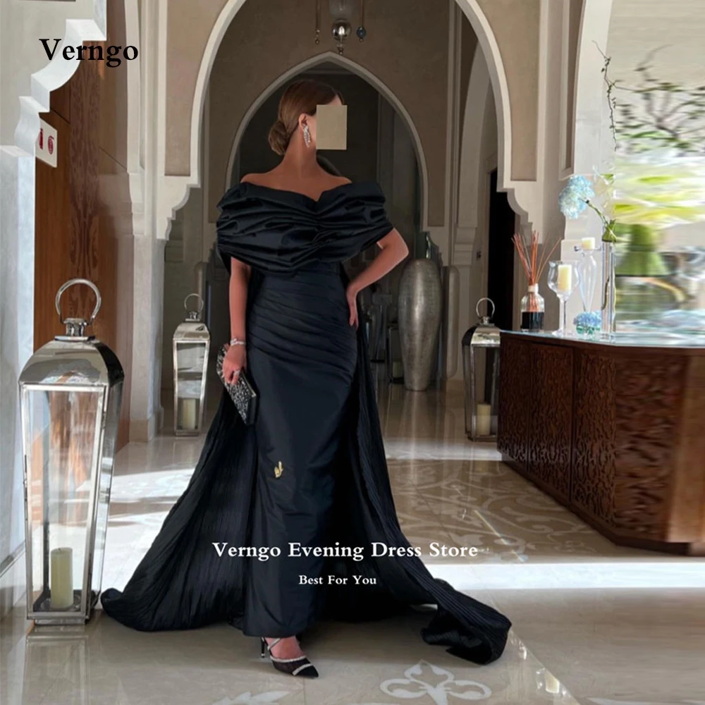 

Verngo Black Taffeta Dubai Arabic Evening Dresses Off the Shoulder Sleeves Tail Long Formal Prom Gowns Occasion Party Dress 2023