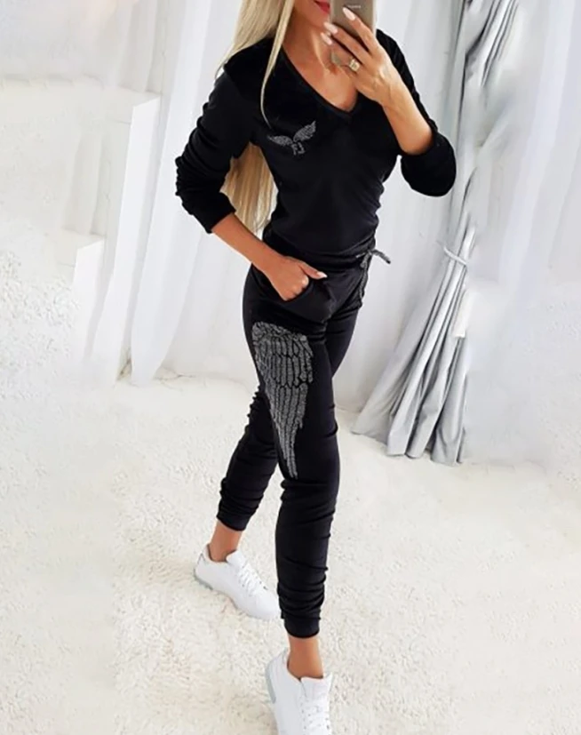 Y2K Two Piece Set Women Outfit 2023 Winter New Fashion Daily Rhinestone Angel Wings Pattern Top & Drawstring Cuffed Pants Set