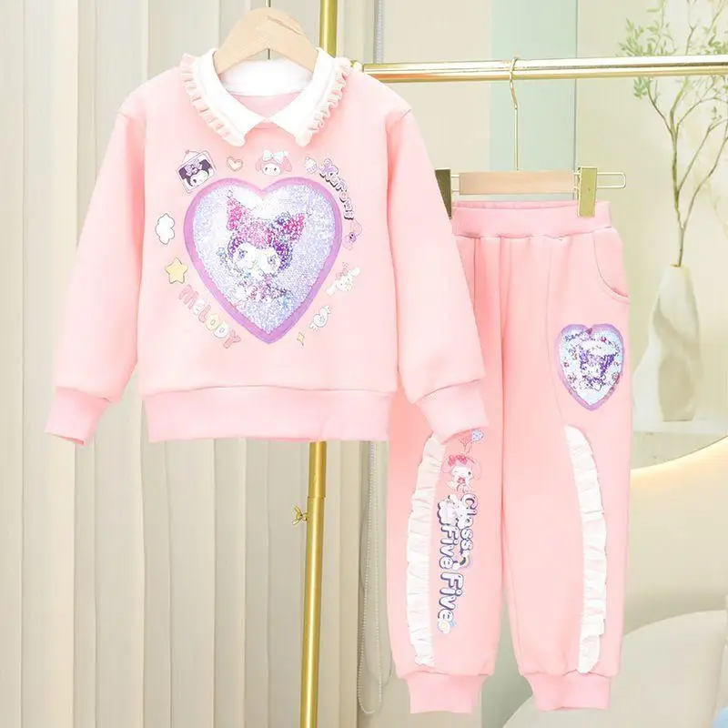 

Kawaii Anime Sanrio Hoodies Hello Kitty Girl Heart New Plush Comfortable Cute Cartoon Thick Hoodie Pants Two-Piece Set Girl Toys