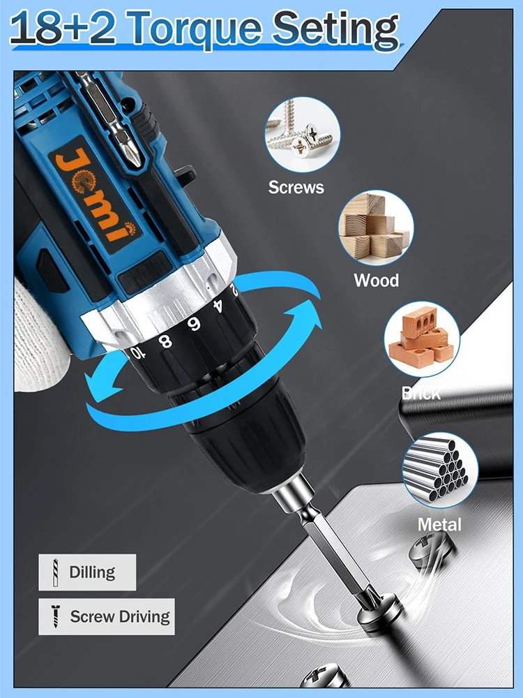 21V Cordless Drill Set, 23 Pieces Drill with 3/8" Keyless Chuck, 25 3 Clutch Drill with Work Light, Max Torque 45Nm, 2 Speeds 3
