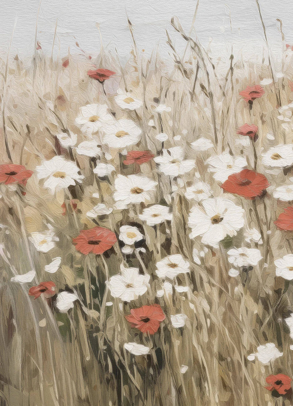 Wildflower Field Canvas Painting - Neutral Landscape Art for Farmhouse Living Room Decor