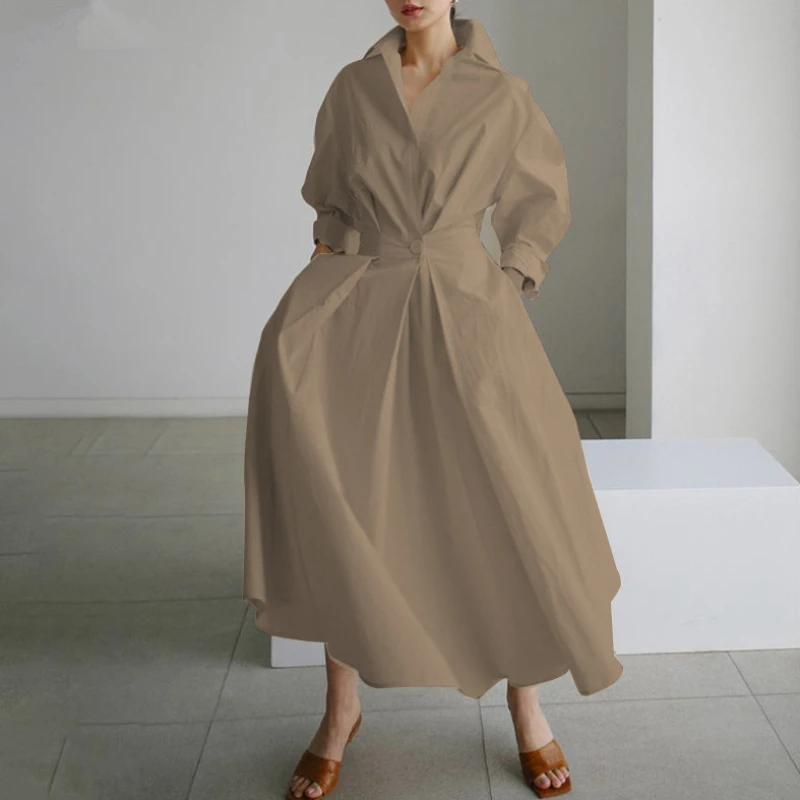 우아한 여성 봄 Sundress 옷깃 목 긴 소매 검은 드레스 2023 솔리드 롱 셔츠 드레스 OL Vestidos Robe Femme streetwear