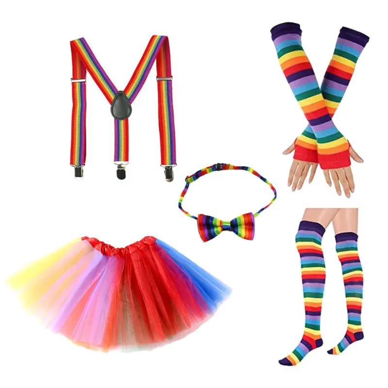 

H9ED комплект радужных костюмов в 1 для взрослых и детей, перчатки с бантом, чулки, юбка-пачка, подтяжки