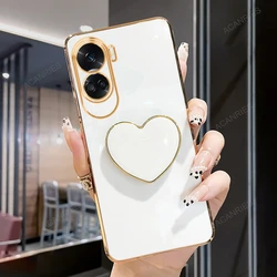 Luxury Plating Love Heart Stand Silicone Phone Case with Holder for Honor 70 (AX White)