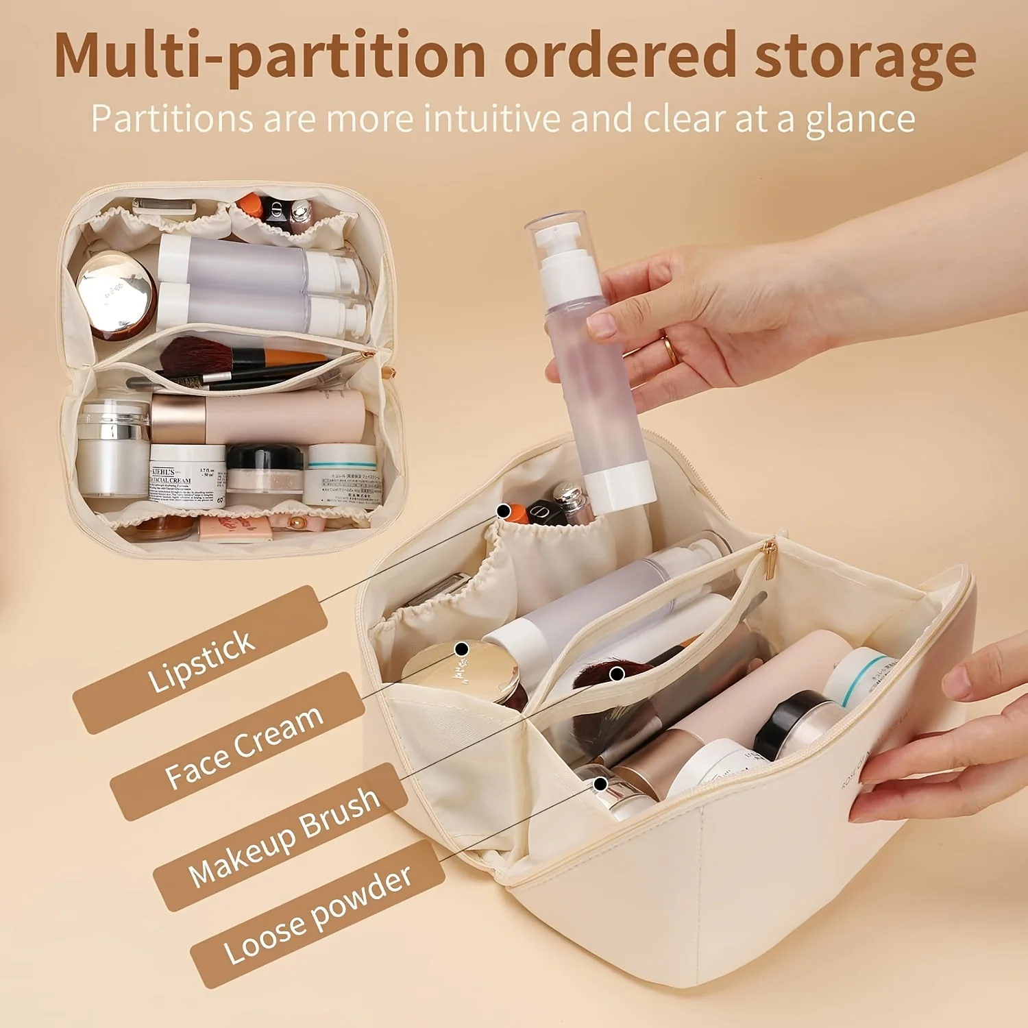 Beige Multi-Functional Portable Toiletry Bag, Chic Storage Makeup Bag, Fashionable Travel Cosmetics Storage Bag, Daily Use
