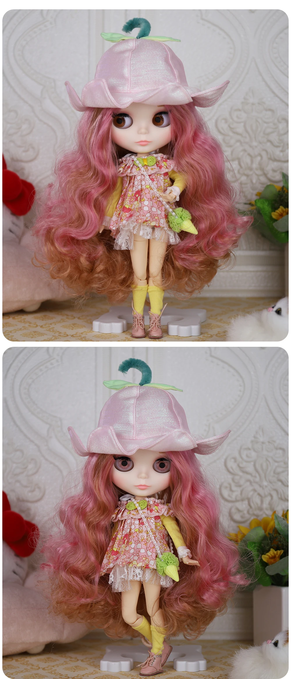 Neo Blythe Doll Floral Lace Dress with Hat, Bag & Socks 1